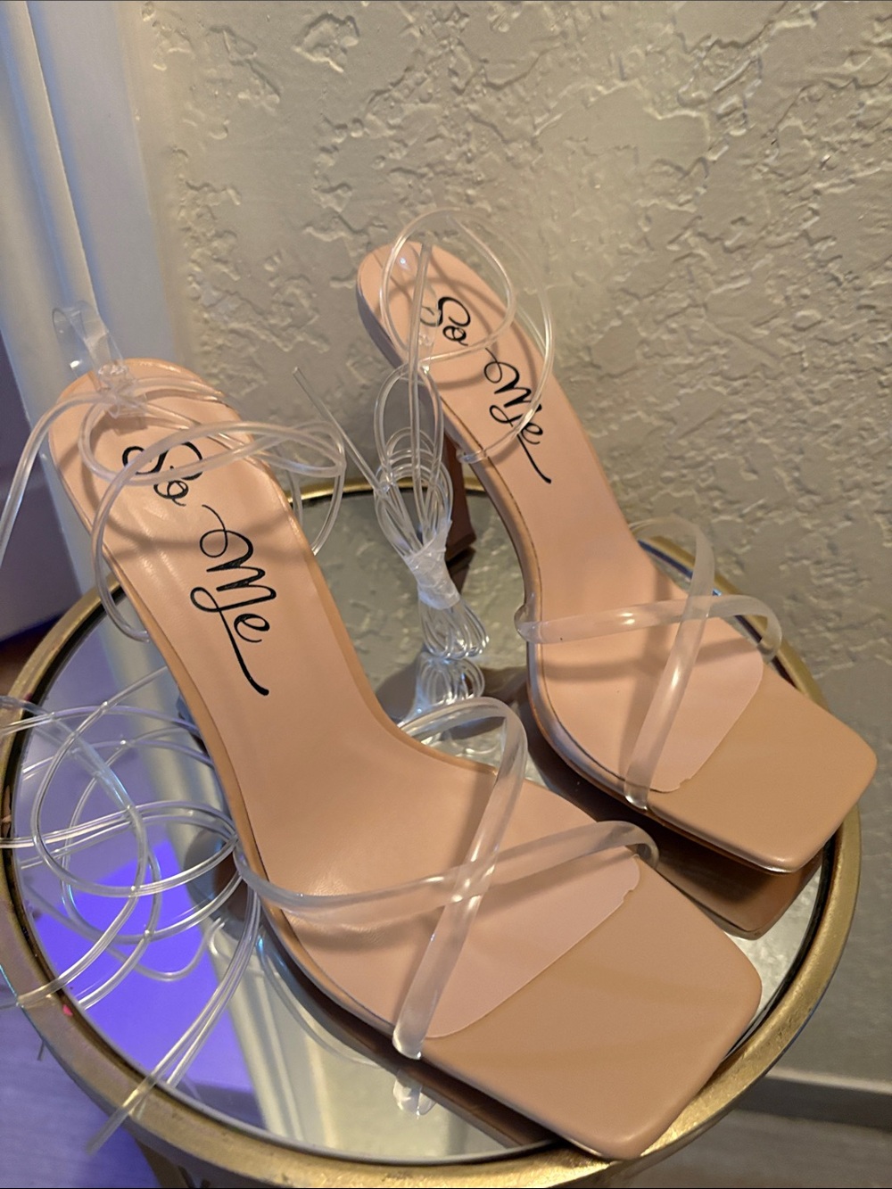 So Me Clear Strap Nude Square Toe Block Heels